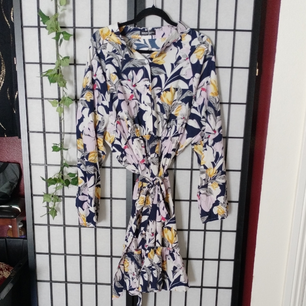 Floral Tie-Waist Navy and Yellow Shirt Dress